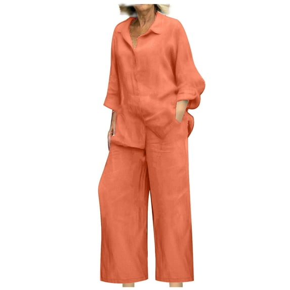 Oversize Linen Shirts Sets Womens 2 Piece Solid Button Up Lapel Long Sleeve with Wide Leg Pant Fall Spring Outfits (Small, Orange)