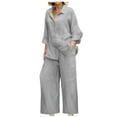 thumbnail image 1 of Oversize Linen Shirts Sets Womens 2 Piece Solid Button Up Lapel Long Sleeve with Wide Leg Pant Fall Spring Outfits (X-Large, Gray), 1 of 6