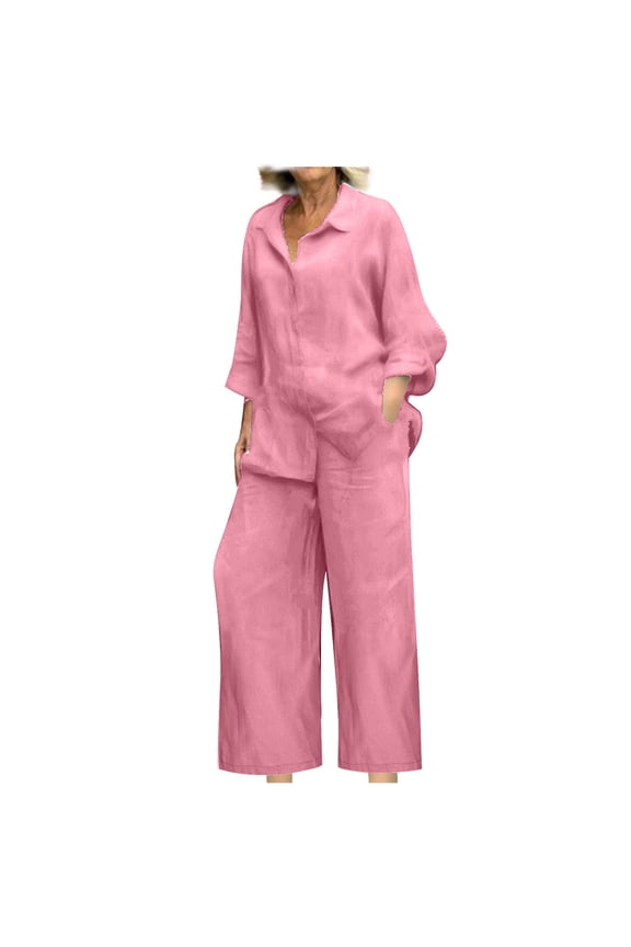 Oversize Linen Shirts Sets Womens 2 Piece Solid Button Up Lapel Long Sleeve with Wide Leg Pant Fall Spring Outfits (XX-Large, Pink)