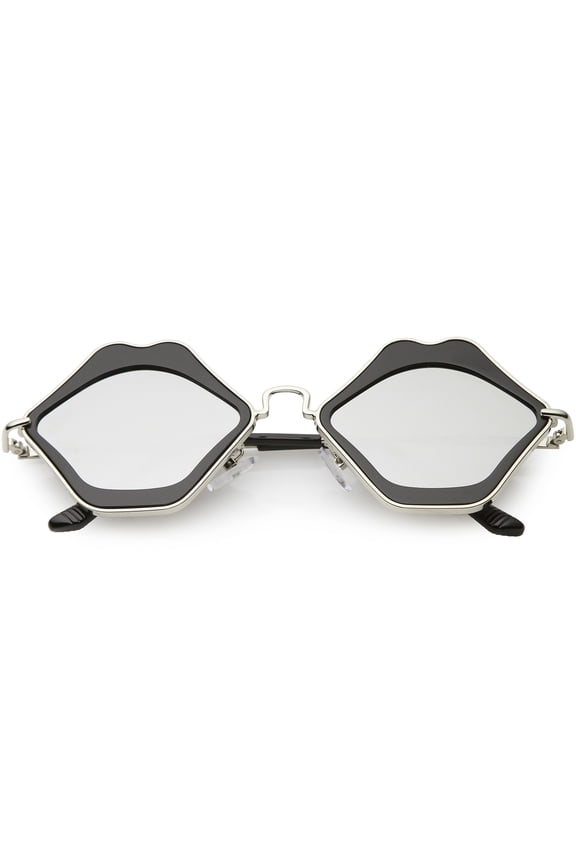 Oversize Lips Sunglasses Slim Arms Flat Mirrored Lens Lips Sunglasses 53mm (Black / Silver Mirror)