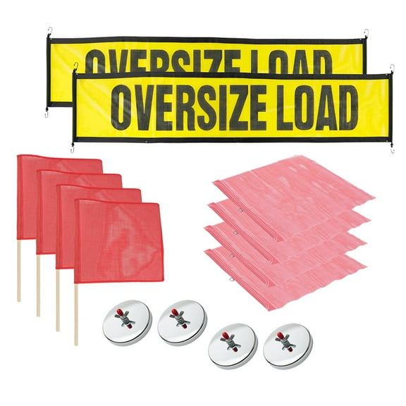 Oversize Load Banners, Flags, and Magnets Kit - Includes 2 Stretch Cord Oversize Load Banners, 4 Magnets, and 8 DOT Compliant Red Safety Flags 18" x 18" (4 with Wire Loop, 4 with Wooden Dowels)