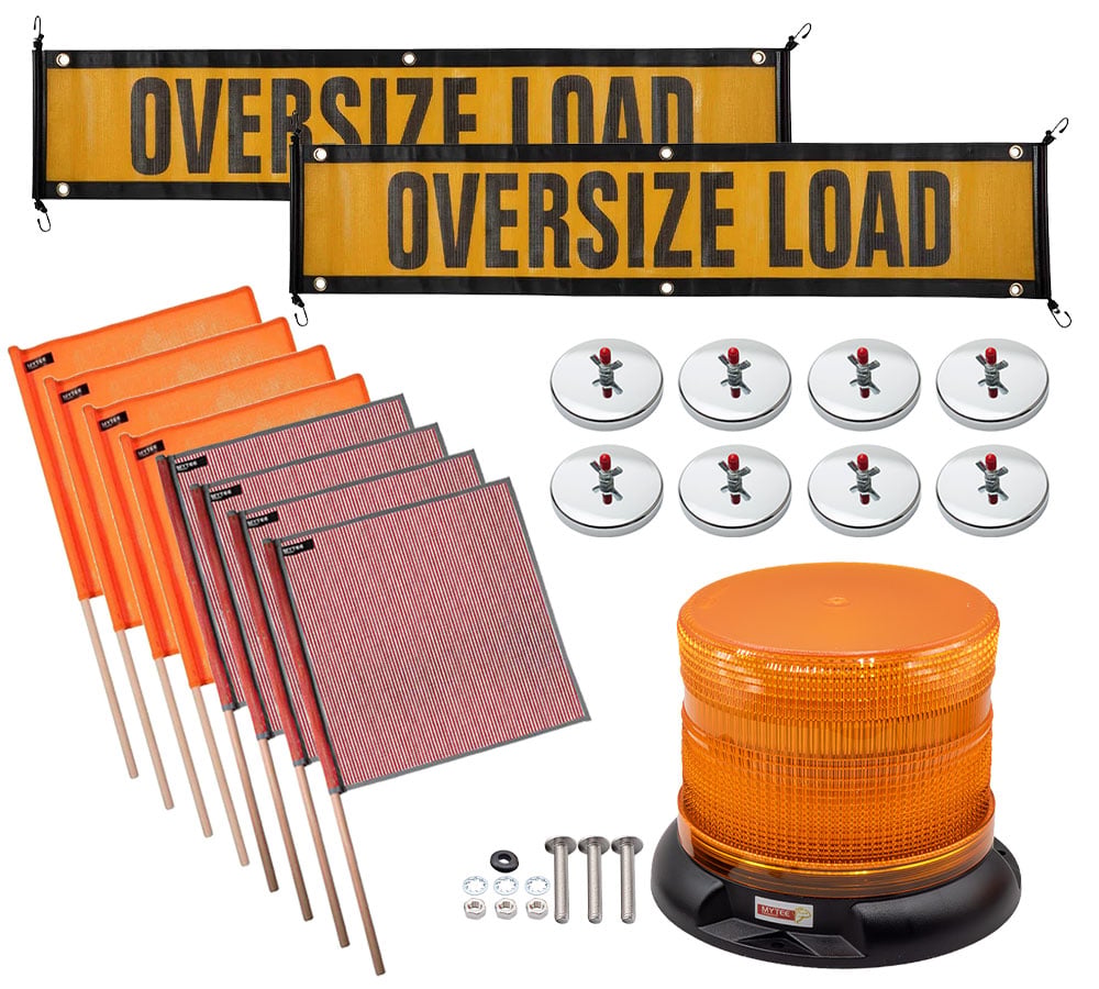 Oversize Load Sign Safety Kit – 4 Orange & 4 Red 18"x18" Mesh Safety & Warning Flags, 8 Magnetic Flag Holders, 2 Oversize Load Signs, 1 Amber LED Strobe Light