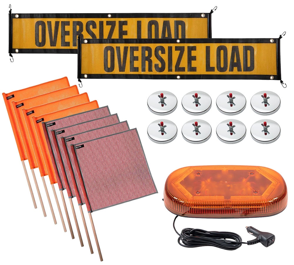 Oversize Load Sign Safety Kit 4 Orange & 4 Red 18"x18" Mesh Safety & Warning Flags, 8 Magnetic Flag Holders, 2 Oversize Load Signs, 1 LED Mini Amber Roof Top Strobe Lights