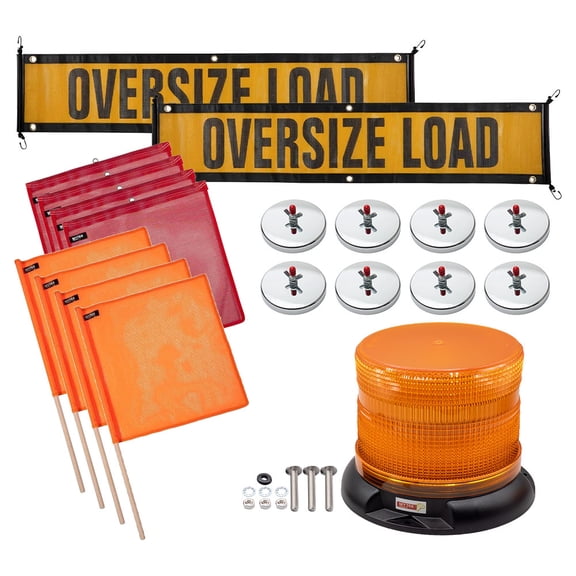 Oversize Load Sign Safety Kit – 4 Orange & 4 Red Safety Flag with Dowel and Wire Loop & 8 Magnetic Flag Holders, 2 Oversize Load Signs, 1 Amber LED Strobe Warning Light