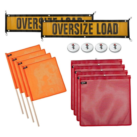 Oversize Load Sign Safety Kit  4 Orange & 4 Red Safety Flag with Dowel and Wire Loop & 8 Magnetic Flag Holders, 2 Oversize Load Signs