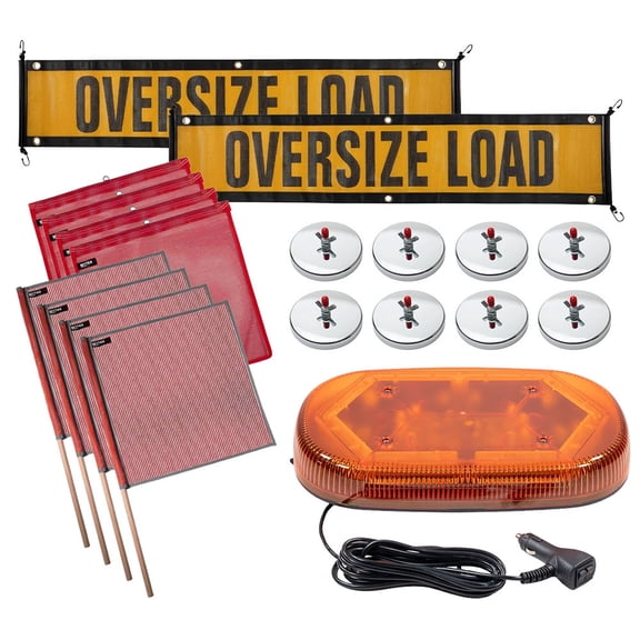Oversize Load Sign Safety Kit - 4 Safety Flag with Wire Loop & 4 Warning Flags w/Reflective Webb, 8 Magnetic Flag Holders, 2 Oversize Load Signs, 1 LED Mini Amber Roof Top Strobe Light
