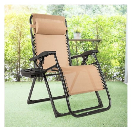 Oversize Lounge Chair with Cup Holder, Heavy Duty Outdoor Recliner, 500lbs Capacity, Breathable Fabric, Adjustable Backrest, Foldable Patio Chair for Garden, Backyard, Black/Beige/Gray