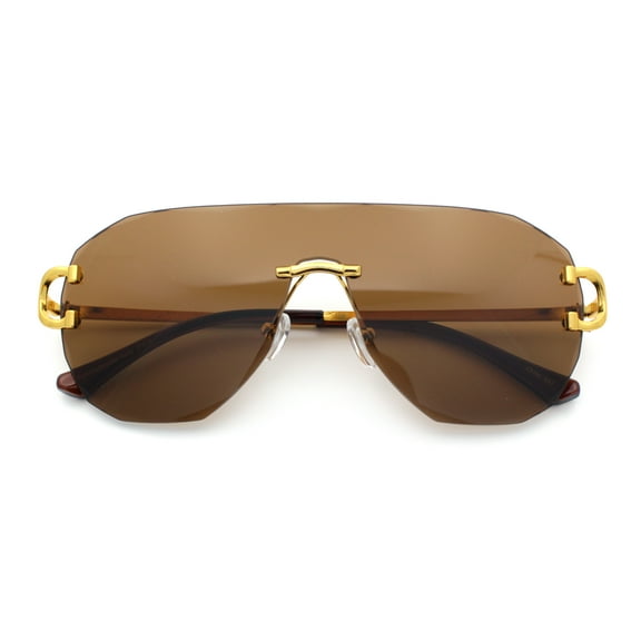 Oversize Luxury Hip Hop Gangster Swagger Rimless Racer Shield Sunglasses [Gold - Brown]
