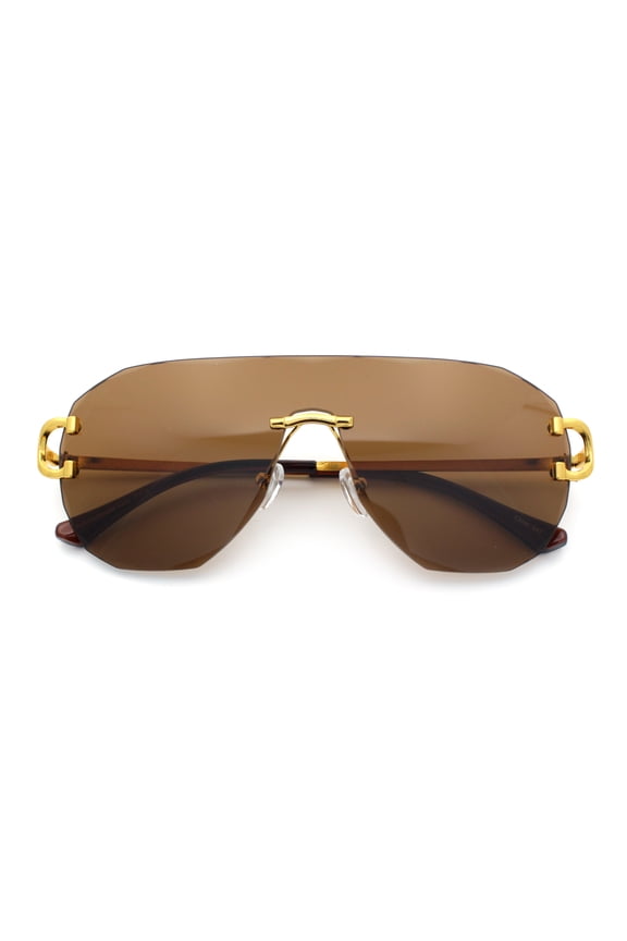Oversize Luxury Hip Hop Gangster Swagger Rimless Racer Shield Sunglasses [Gold - Brown]