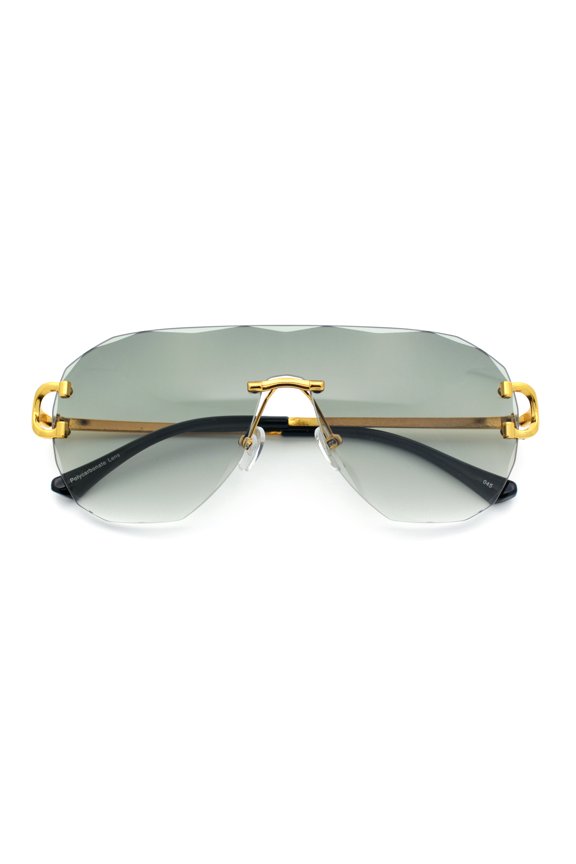 Oversize Luxury Hip Hop Gangster Swagger Rimless Racer Shield Sunglasses [Gold - Green]