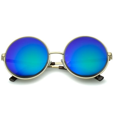 Oversize Metal Frame Etched Edge Colored Mirror Lens Round Sunglasses 60mm (Gold / Green-Purple Mirror)