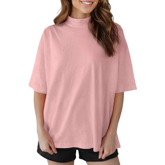 Oversize Mock Neck T-Shirt for Women – Soft Pink Solid Color Casual Top for Summer Outfits, L