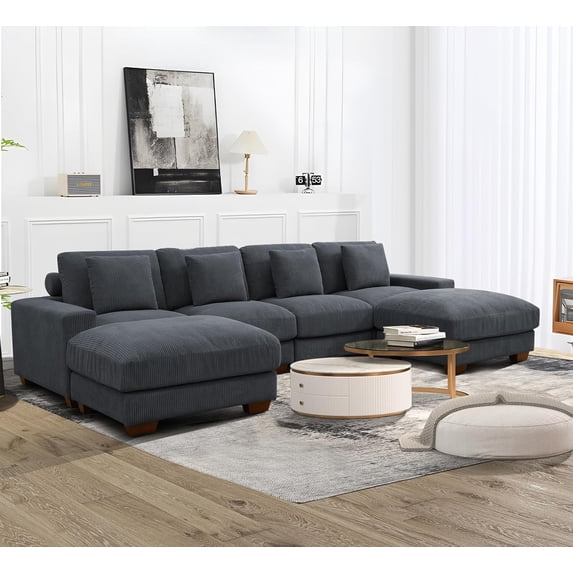 Oversize Modular Sectional Sofa, U Shaped Convertible Couch for Living Room, Corduroy Fabric Sofa Set with Removable Ottoman (6 Seat Sofa Couch, Dark Grey)