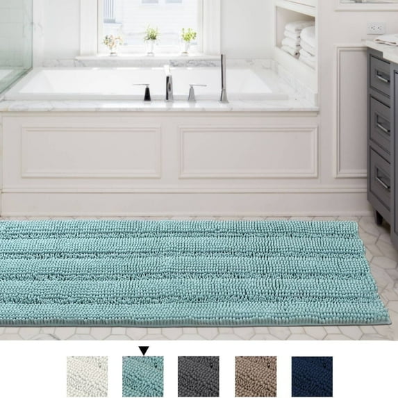 PrimeBeau Chenille Thick Soft Absorbent Non-Skid Bath Rug, 58x20 inch, Duck Egg Blue