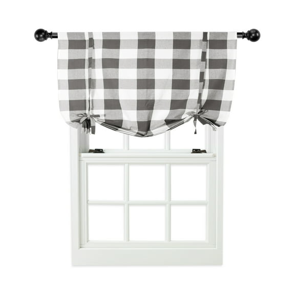 Oversize Plaid Gingham Check Tie Up Window Curtain Shade - Gray