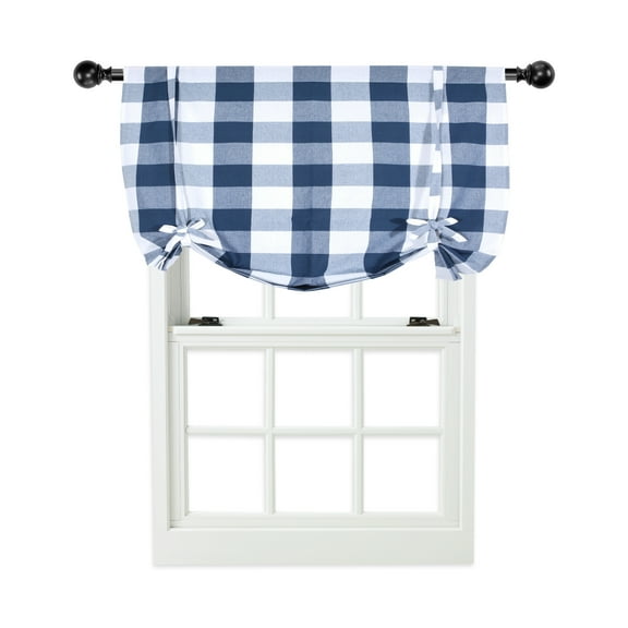 Oversize Plaid Gingham Check Tie Up Window Curtain Shade - Navy Blue