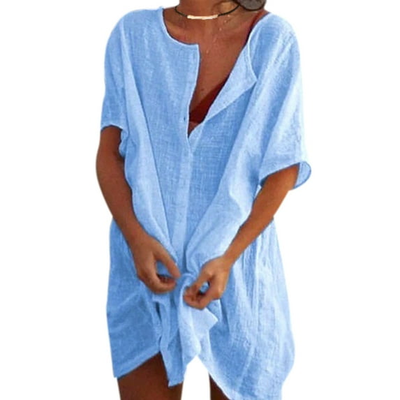 Oversize Plus Size Women Short Sleeve Linen Baggy Blouse T-Shirt Dress Ladies Summer Kaftan Tunic Top Dress Ladies Beach Boho Party Evening V Neck Baggy Midi Long Dress
