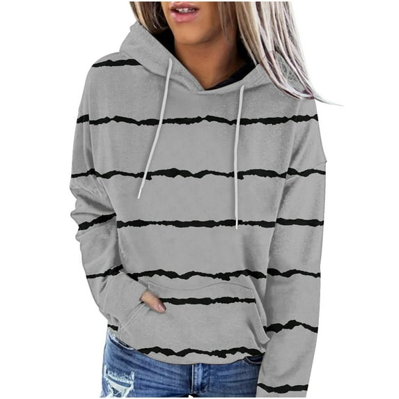 Oversize Pullover Hoodies for Women Trendy Fashion Casual Striped Long Sleeve Pocket Hoodie