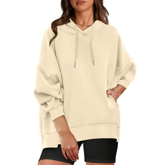Oversize Pullover Hoodies for Women Trendy Fashion Fall Winter Solid Color Loose Long Sleeved Pockets Hooded Sweatshirts Top