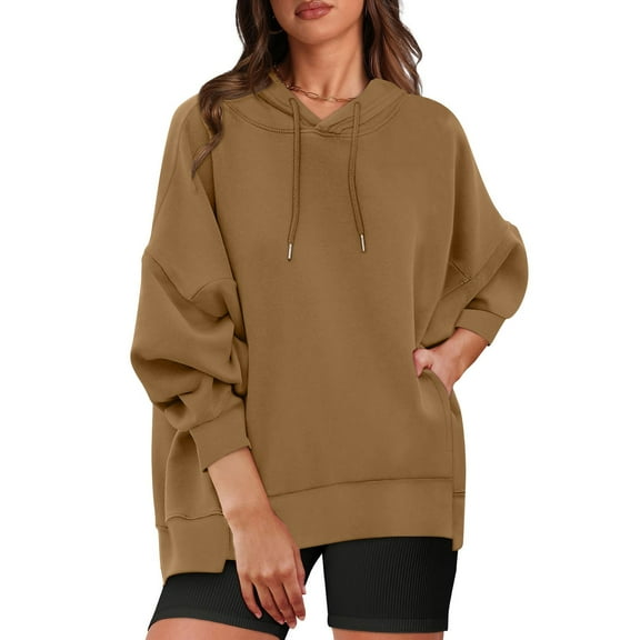Oversize Pullover Hoodies for Women Trendy Fashion Fall Winter Solid Color Loose Long Sleeved Pockets Hooded Sweatshirts Top