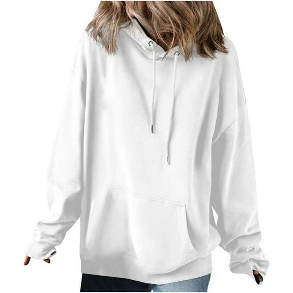 Oversize Pullover Hoodies for Women Trendy Fashion Hooded Solid Color Long-sleeved Sweatshirt Casual Blouse Pullover