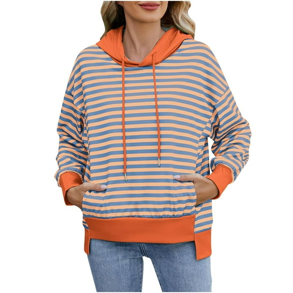 Oversize Pullover Hoodies for Women Trendy Fashion Solid Color Long Sleeve Hooded Striped Pullover Casual