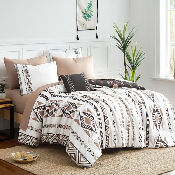 Oversize Queen Brown Reversible Aztec Bedding Set All Season