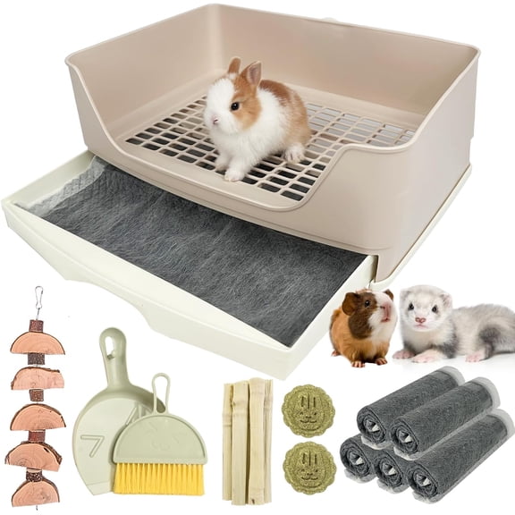 Oversize Rabbit Litter Box with Drawer, Corner Toilet Box with Grate Potty Trainer, Bigger Pet Pan for Adult Guinea Pigs, Chinchilla, Ferret, Galesaur, Small Animals, 16.9 inch Long (White)