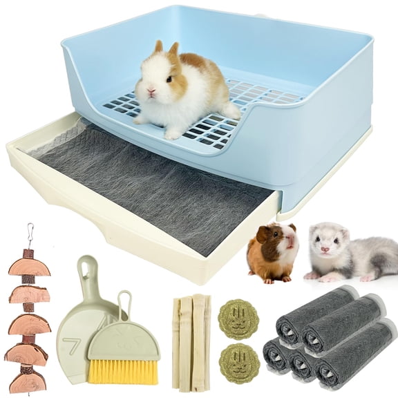 Oversize Rabbit Litter Box With Drawer Corner Toilet Grate Pottyer Bigger Pet Pan For Adult Guinea Pigs Chinchilla Ferret Galesaur Smallls 16.9 Inch Long (blue)