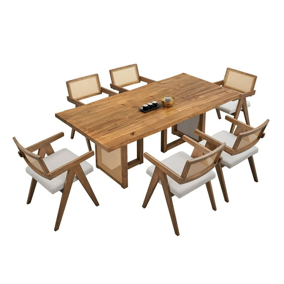 Oversize Rectangular Dining Table - Mid Century Modern 7 Pcs With Weave 86.61 Inch Waves And Chairs For 6, Kitchen Element, Bohemian Weave, Solid Wood Base