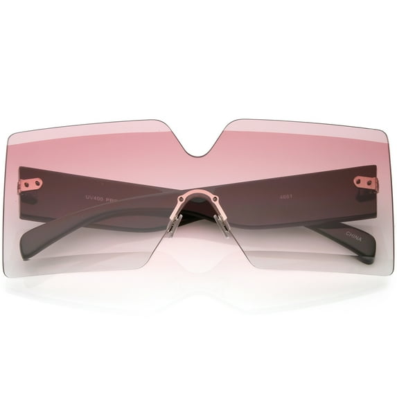 Oversize Rimless Shield Sunglasses Thick Arms Beveled Gradient Lens 73mm (Black / Pink Gradient)