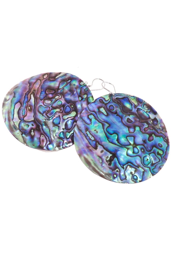 Oversize Round Paua Abalone Shell Disc 925 Sterling Silver Earrings, 2 1/2"