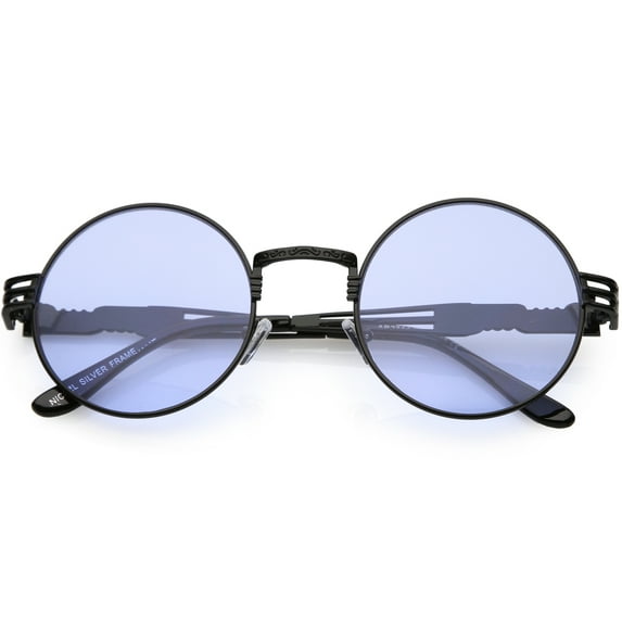 Oversize Round Sunglasses Engraved Metal Arm Cutout Color Tinted Lens 53mm (Black / Blue)