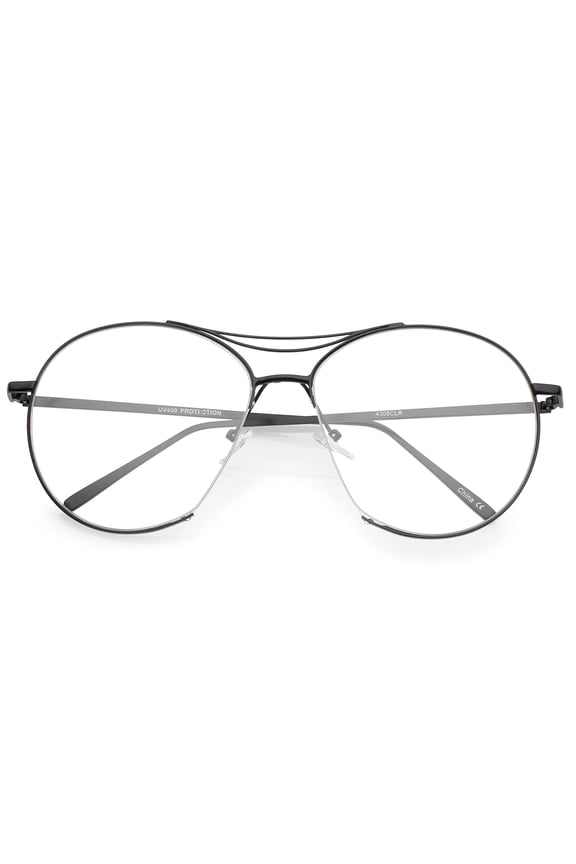 Oversize Semi-Rimless Brow Bar Round Clear Flat Lens Aviator Eyeglasses 59mm (Black / Clear)
