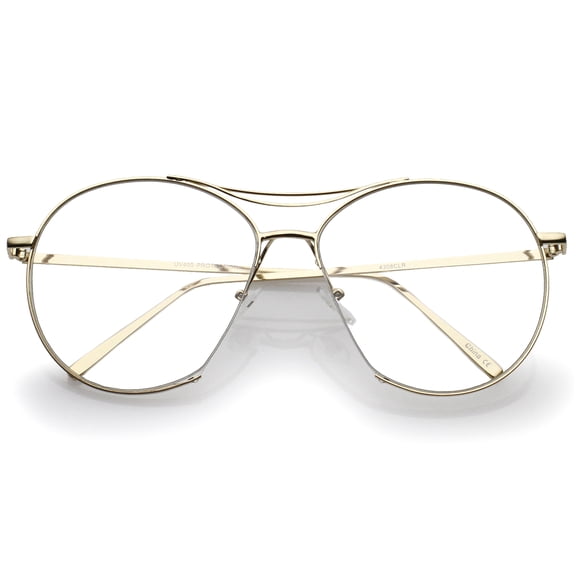 Oversize Semi-Rimless Brow Bar Round Clear Flat Lens Aviator Eyeglasses 59mm (Gold / Clear)