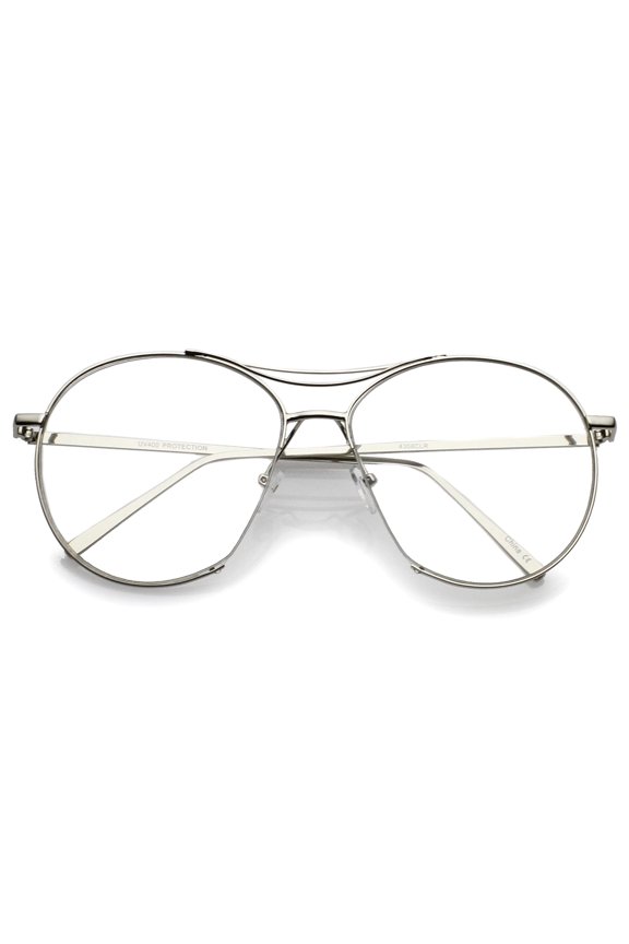 Oversize Semi-Rimless Brow Bar Round Clear Flat Lens Aviator Eyeglasses 59mm (Silver / Clear)