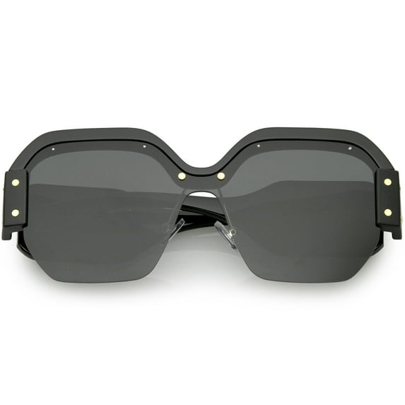 Oversize Semi Rimless Square Sunglasses Wide Arms Metal Rivets 60mm (Black Black / Smoke)