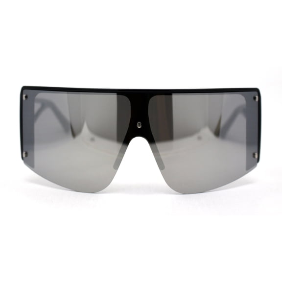 Oversize Shield Flat Top Half Rim Sunglasses Black Silver Mirror