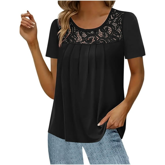 Deals Oversize Short Sleeve Tee Tops for Women Round Neck Lace Patchwork Hollow Out Pleated Flowy Loose Casual Blouses Plus Size Tees Black,4XL