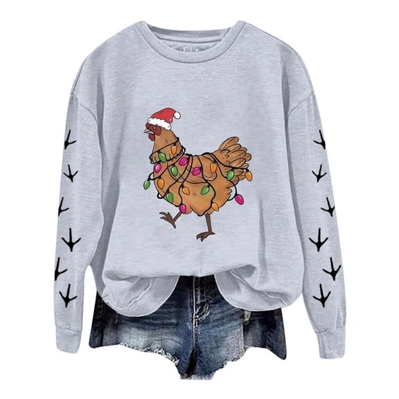 Oversize Sweatshirt For Women Hoodie Funny Graphic Chicken Printed Long Sleeve Crewneck Slim Y2k Clothes