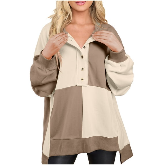 Oversize Sweatshirts Women Casual Long Sleeve Pullover Half Button Colorblock High Low Tunic Tops