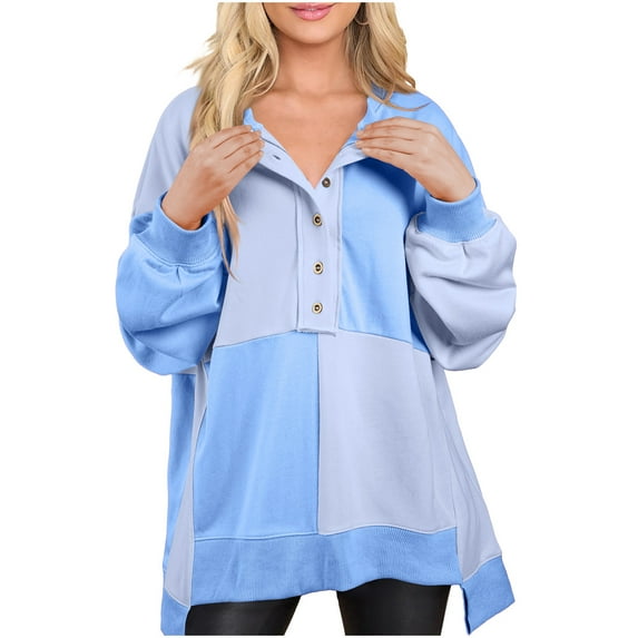 Oversize Sweatshirts Women Casual Long Sleeve Pullover Half Button Colorblock High Low Tunic Tops