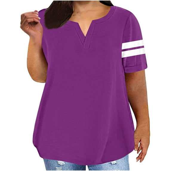 Oversize T-Shirt for Women Summer V-Neck Pullover Loose Tee Fashion Color Block Short Sleeve Tops ,Purple,4XL