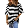 thumbnail image 1 of Oversize T-Shirts for Women New Fashion Color Block Striped Print Shirts Casual Loose Round Neck Blouses Womens Tshirts 02#Black M, 1 of 8