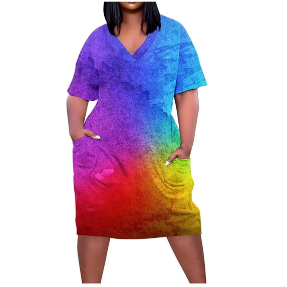 Oversize Tshirt Dress for Women Casual Plus Size V Neck Short Sleeves Loose Fit Summer Midi Tunic Dresses with Pockets