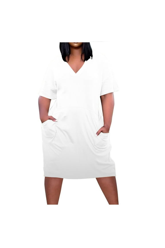 Oversize Tshirt Dress for Women Casual Plus Size V Neck Short Sleeves Loose Fit Summer Midi Tunic Dresses with Pockets