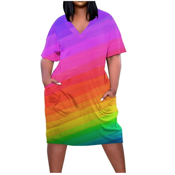 Oversize Tshirt Dress for Women Casual Plus Size V Neck Short Sleeves Loose Fit Summer Midi Tunic Dresses with Pockets