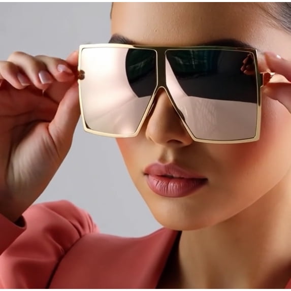 Oversize Vintage Retro Shield Style SUN GLASSES XL Square Gold Frame Pink Lens