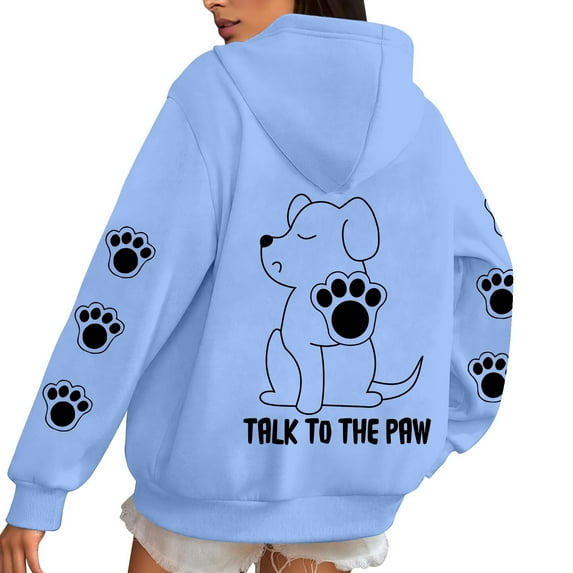 Oversize Women Hoodie Sweatshirts Cute Cartoon Dog Paw Print Long Sleeve Drawstring Pullover Shirts With Pockets