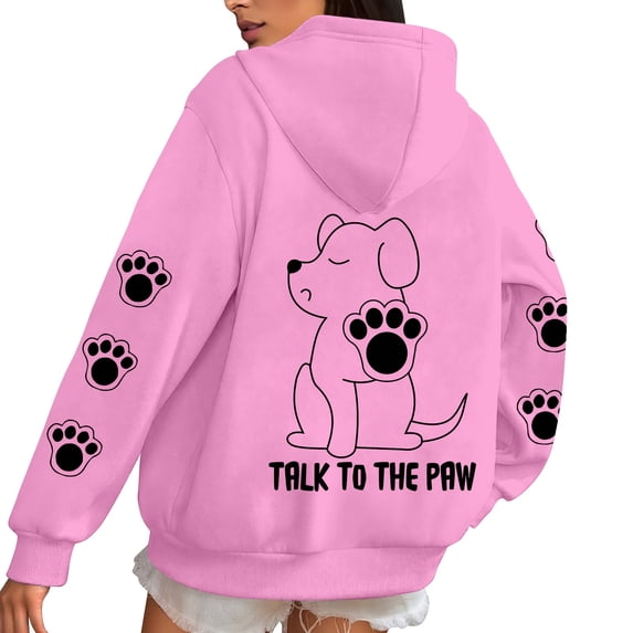 Oversize Women Hoodie Sweatshirts Cute Cartoon Dog Paw Print Long Sleeve Drawstring Pullover Shirts With Pockets